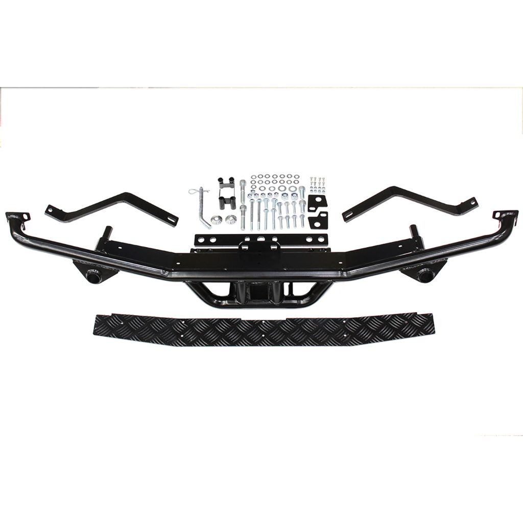 Image of Rear Step Tow Bar Black Powder coat with Alloy Tread Plate Step includes Receiver Hitch (TF883NAS110)